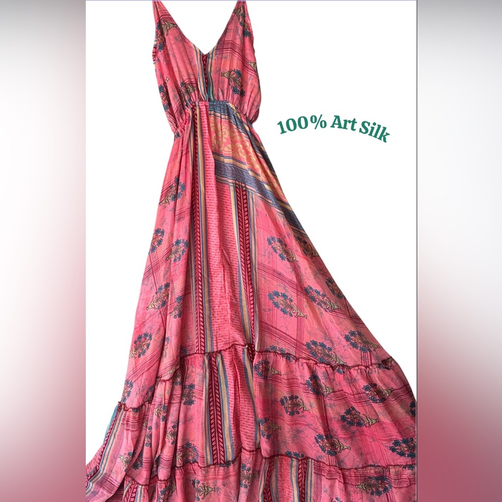 NWOT Zuny 100% Art Silk Pink Boho Floral Printed Festival Femme Maxi Dress O/S
